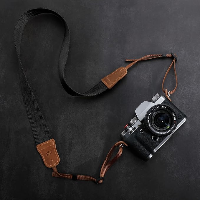 Padwa Lifestyle Black Camera Strap - Double Layer Crazy Horse Cowhide Head,1.5" Wide Pure Cotton Woven Camera Straps,Adjustable Neck Shoulder Strap for All DSLR Cameras,Great Gift for Photographers