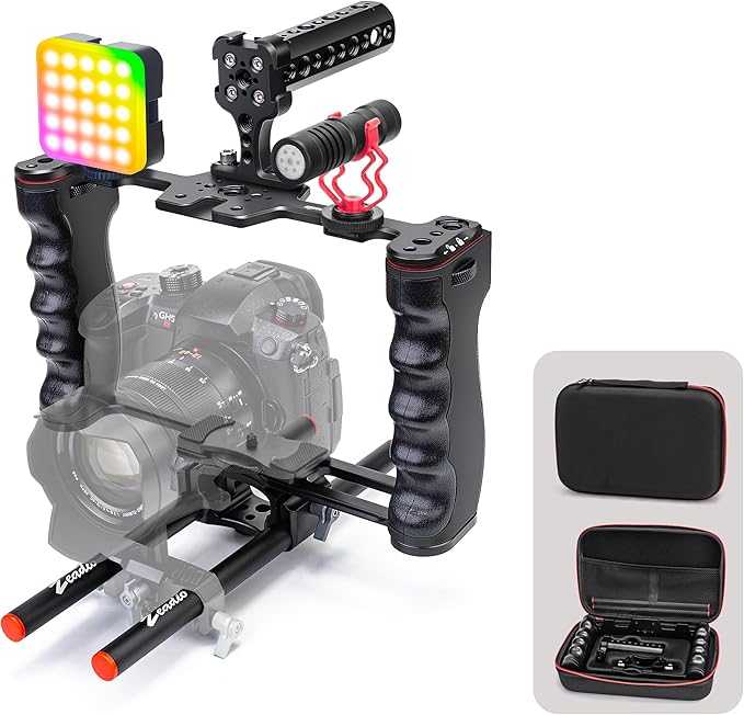 Zeadio Camera Video Rig Cage, Aluminum Filmmaking Movie Making Kit with Top Handle, Arca Type Base, 15mm Rod Guide, RGB Light&Microphone, Compatible with All DSLR Camera and Camcorder