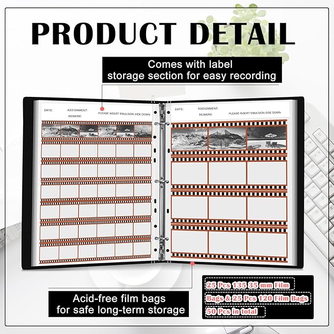Feifeiya Film Negative Storage Box Set Acid Free Film Protector 3 Ring Film Negative Sleeves Binder 50 Pcs Negative Page Preservers for 120 Film Negative Storage and 135 35mm Negative Sleeves(Black)