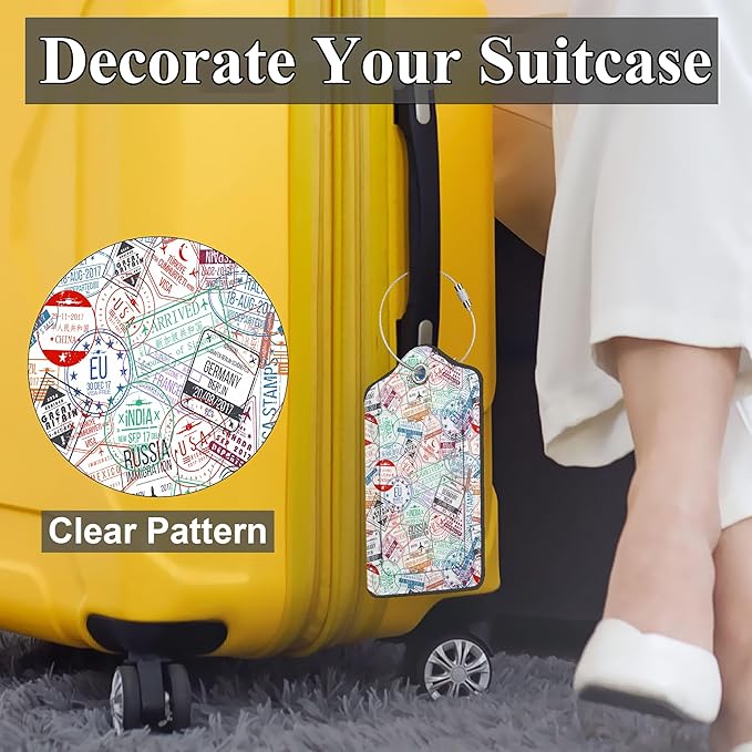 Travel Stamp 2 Pack PU Leather Luggage Tags with Stainless Steel Loop, Funny Retro Labels for Quick Spotting with Privacy Cover ID Label