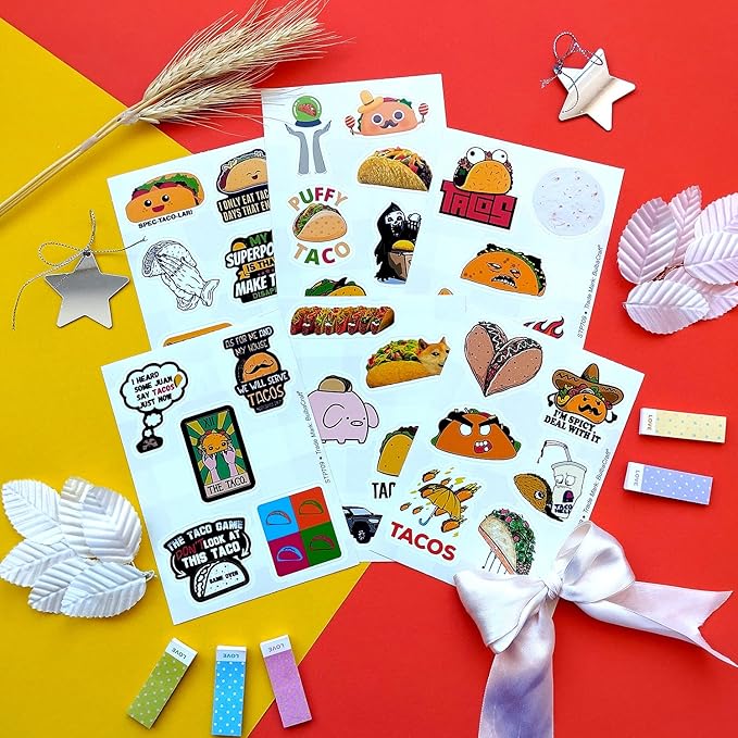 BulbaCraft 100Pcs Funny Taco Stickers and Decals for Adults, Taco Party Decorations, Gifts for Women & Men