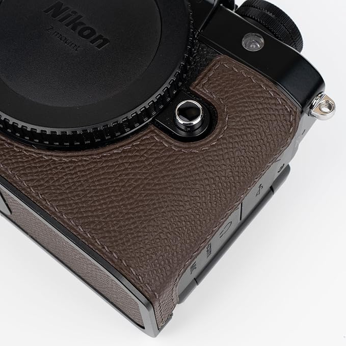 Handmade Genuine Leather Camera Half Case for Nikon ZF/Nikon ZF Camera Case - Top Layer Cowhide Body + Hand Sewn Saddle Stitch + Metal Base Plate (Dark Coffee)