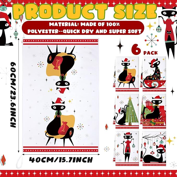 Preboun 6 Pcs Christmas Kitchen Towels Mid Century Hand Towels Atomic Cat Xmas Dish Cloth Red Green Christmas Tree Gift Box Decorative Farmhouse Tea Cloth Absorbent for Holiday Kitchen Bathroom Decor