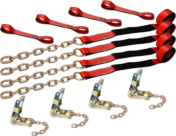 Mega Cargo Control 8 Point Vehicle Tie Down Kit with Ratchet Chain Extensions on Both Ends, Car Hauler Carrier Tow Truck - Set of 4 - Red