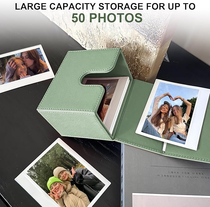 CAIYOULE Picture Holder Case for Fujifilm Instax Wide/EVO/Wide 400/300/210/Polaroid I-Type/Now/OneStep/GO Instant Camera Films, Photo Storage Box with Photo Pouch Can Hold 50+ Films, Green
