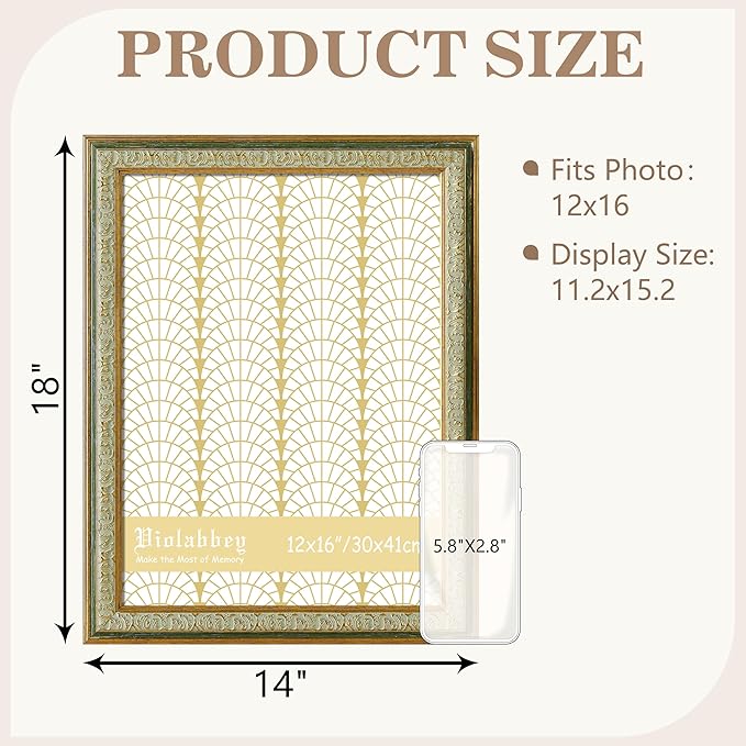 VIOLABBEY 12x16 Picture Frame Green, Vintage Photo Frames Ornate without Mat for Wall Hanging