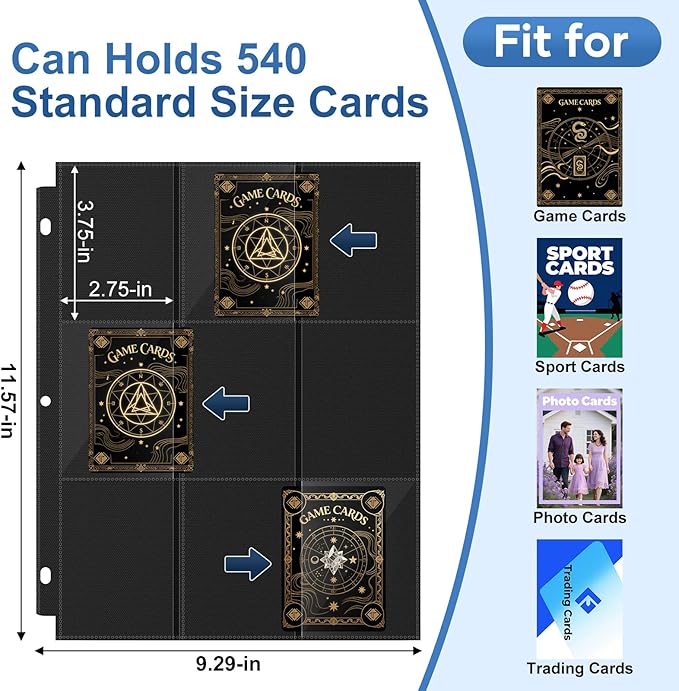 30 Pack 9 Pocket Page Protector,540 Pockets Black Card Binder Sheets, Trading Card Sleeves Pages Baseball for 3 Ring Binder, Sheets Standard Size Cards, Sport Game Business Cards