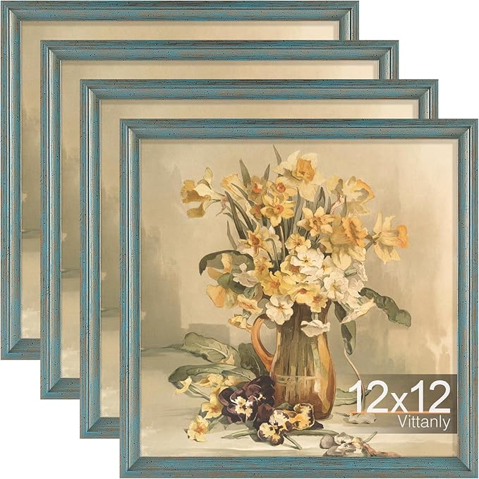 Vittanly 12x12 Picture Frame Set of 4, Vintage Photo Frame for Wall or Tabletop, Display 8x8 Pictures with Mat or 12x12 without Mat, Rustic Farmhouse Home Decor, Blue