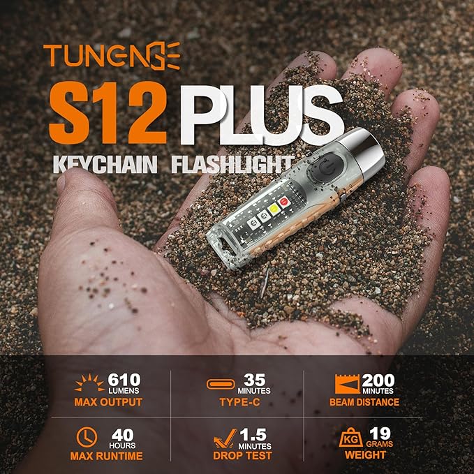 S12Plus Keychain Flashlight，610 High Lumen EDC Pocket Flashlight,USB C Rechargeable Mini LED Flashlight,Small Flashlight,for Camping, Outdoor,Emergency(Fluorescent White)