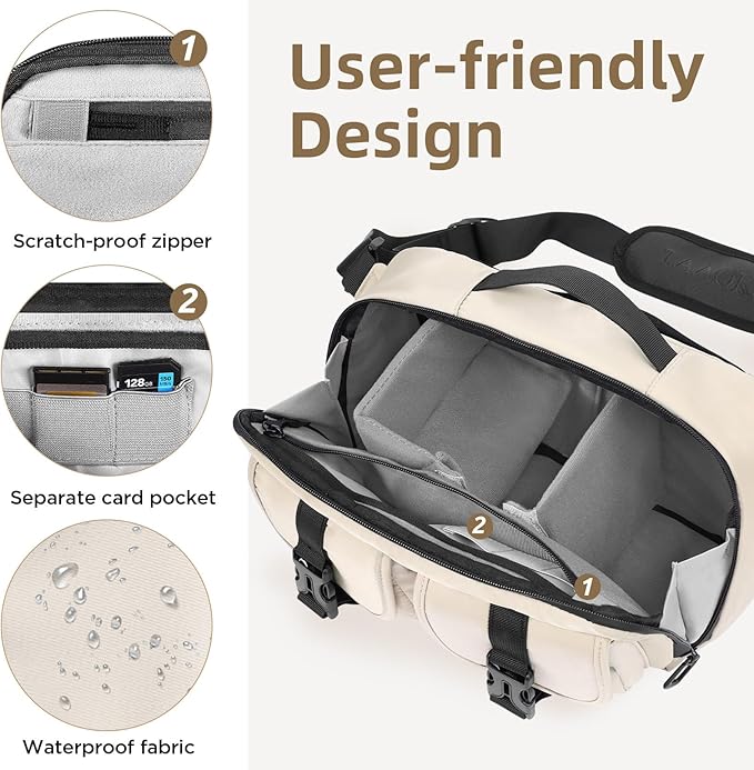 Camera Sling Bag,DSLR Camera Bag with Tripod Holder,Waterproof Camera Shoulder Crossbody Bag for Photographers (Beige)