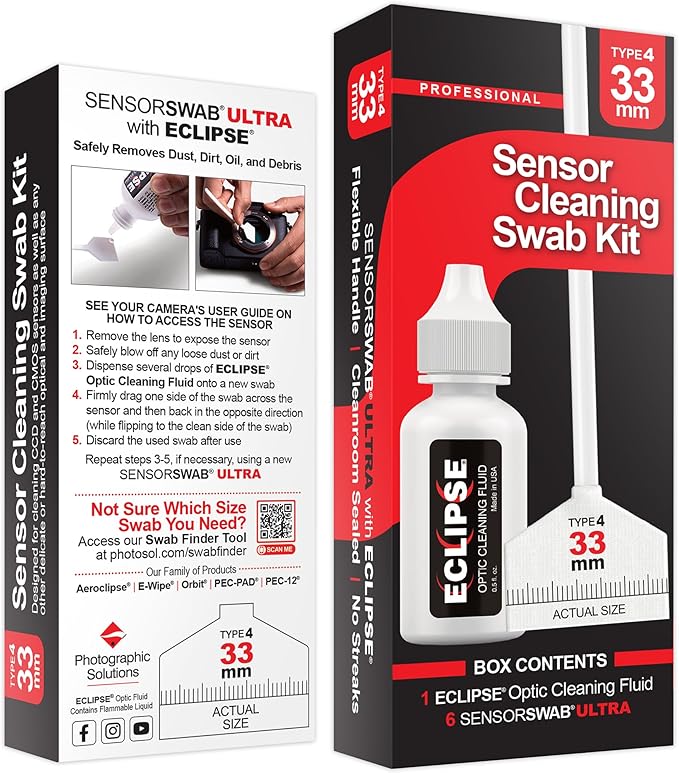 Sensor Cleaning Swab Kit - Eclipse Optic Cleaning Solution (0.5oz/15ml) + Type-4 Sensor Swab Ultra 33mm (Pack of 6) - for Medium Format CMOS and CCD Sensors - Dust & Oil Remover