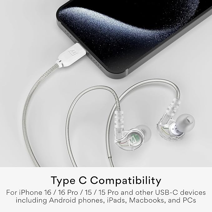 MEE Audio M6 Sport USB-C Wired Earbuds with Memory Wire Earhooks, Headset with Mic & 3-Button Remote for iPhone 15, iPad, Other USB Type C Devices; in Ear Headphones for Running/Gym/Workouts, Clear