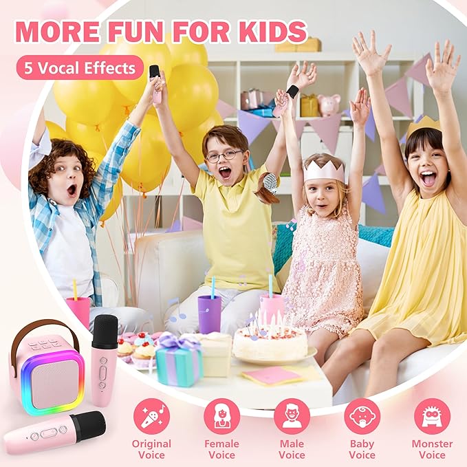 Mini Karaoke Machine for Kids Adults, Portable Bluetooth Speaker with 2 Wireless Microphones,Toys Birthday Gifts for Girls Ages 4, 5, 6, 7, 8,9,10,11,12+ Family Home Party (Pink)