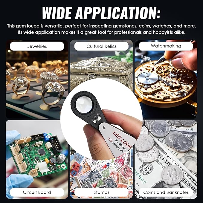 30x Jewelers Loupe Magnifier with UV & LED Lights, 22mm Triplet Lens Rechargeable Jewelers Loupe Foldable Jewelry Magnifier Portable Jewelry Magnifier Inspection Loupe for Gems, Jewelry, Coins, Rocks