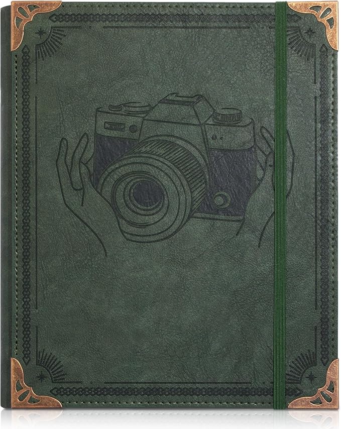 Photo Album 4x6, Leather Photos Albums, Vintage Travel Scrapbook Photo Album, Picture Album for Family Anniversary Wedding, Gift for Anniversary (Green Camera)