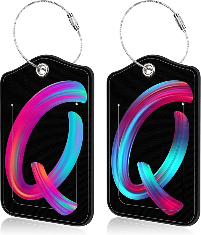 Luggage Tags for Suitcase,2 Pack Neon Colorful Letters Luggage Tags,Leather Baggage Tags Identifiers with Privacy Name Address Labels and Metal Loop for Women Men Girls Travel,Letter Q