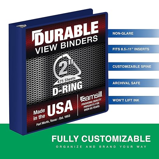 Samsill Durable 2 Inch Binder, Made in The USA, D Ring Binder, Customizable Clear View Cover, Dark Blue, Holds 475 Pages