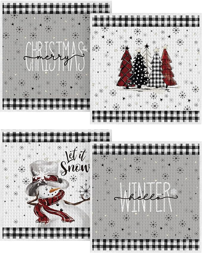 Artoid Mode Black Xmas Tree Snowman Merry Christmas Kitchen Dish Cloths, 12x12 Inch Quick Dry Microfiber Dishcloths for Kitchen Dish Rags Set of 4