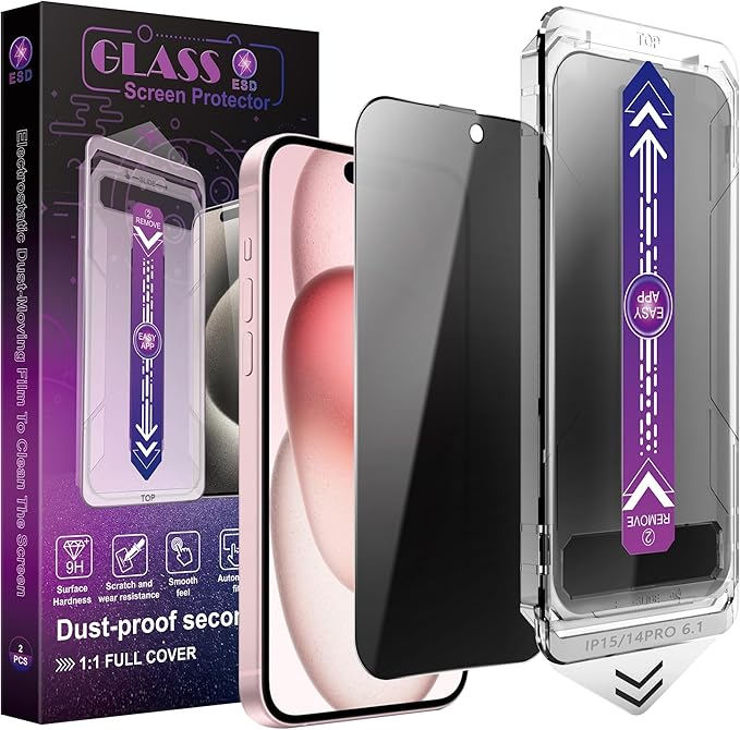 CHISHA 2-Pack Privacy Screen Protector for iPhone 16/15/14 Pro 6.1-Inch, Auto Dust Removal, No Bubbles, Anti-Spy Tempered Glass Film, Easy Installation