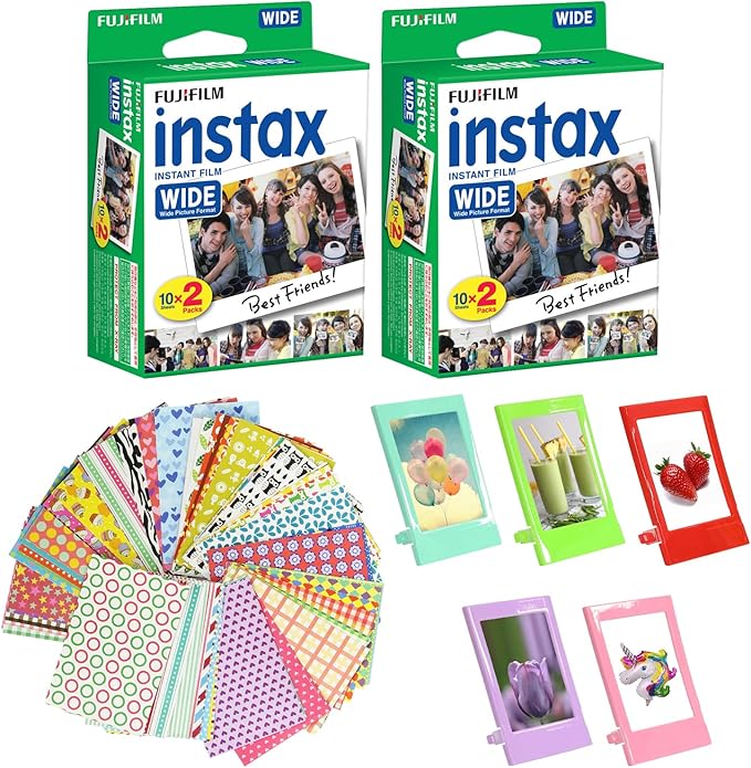 Fujifilm Instax Wide Instant Film 2 Pack, 40 Sheets + 5 Plastic Desk Frames + Decor Film Boder Frames