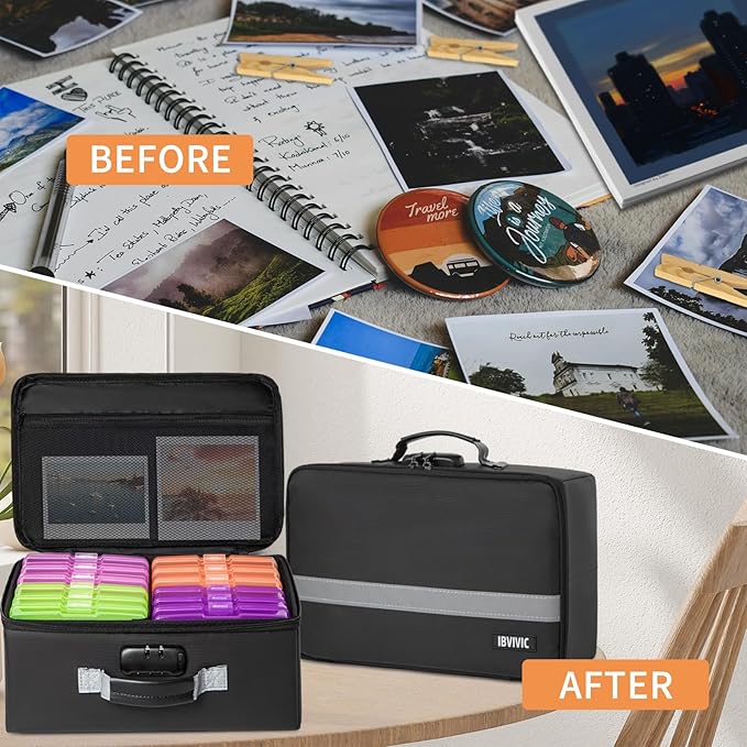 IBVIVIC Fire-resistant Photo Storage Box with 12 Inner 4" x 6" Photo Case(Multiple colors),Photo Box Organizer with Lock
