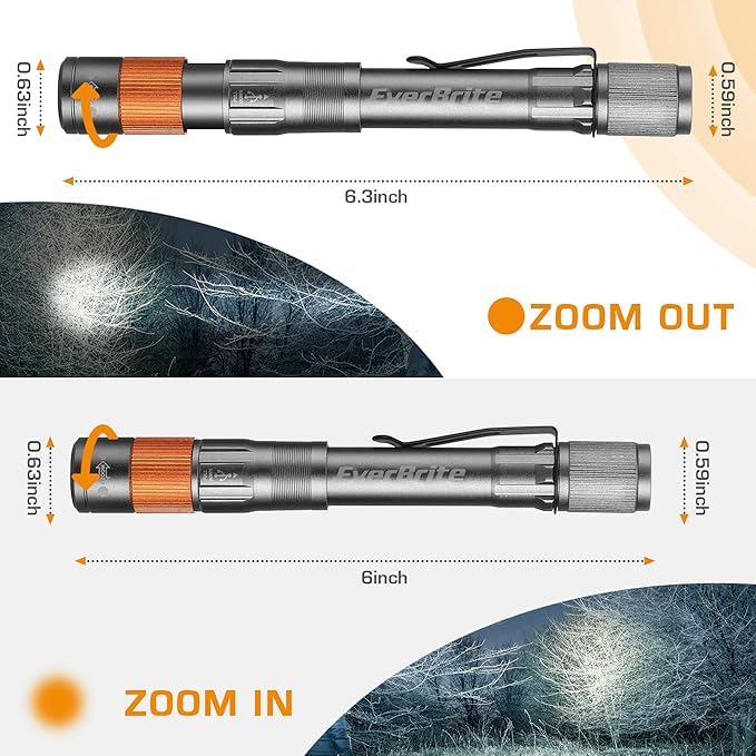 EverBrite Rechargeable Pen Light, 300 Lumens EDC Flashlight, Zoomable LED Pocket Flashlight with Clip, Memory Function and USB C Cable Included, for Camping, Emergency, Gray
