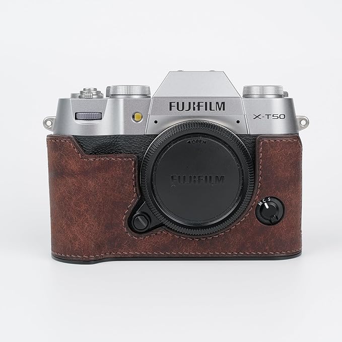 Handmade Genuine Leather Camera Half Case for Fujifilm X-T50 - Top Layer Cowhide Body + Metal Base Plate - Hand Shank Free Design (Dark Brown)