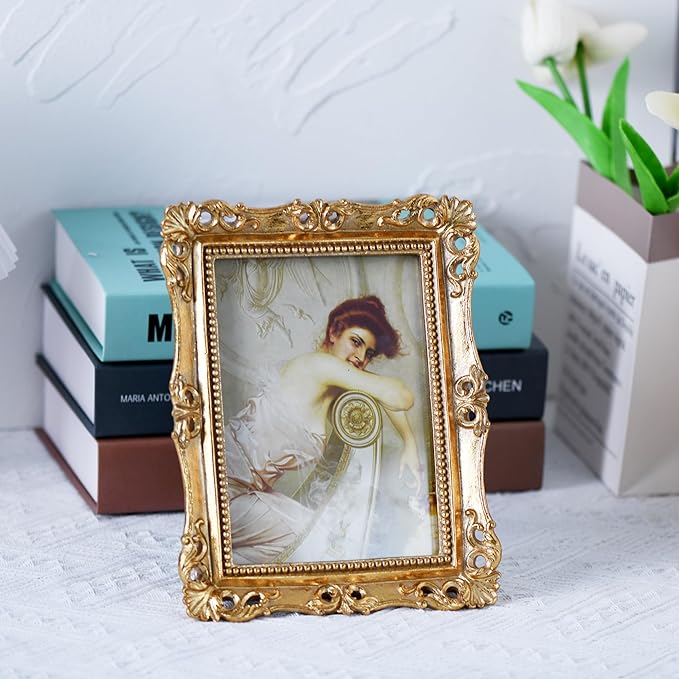 Funerom Vintage Picture Frames with Glass Front, Ornate Frame, Antique Photo Frames for Tabletop or Wall Hanging (Gold, 5X7 inch)