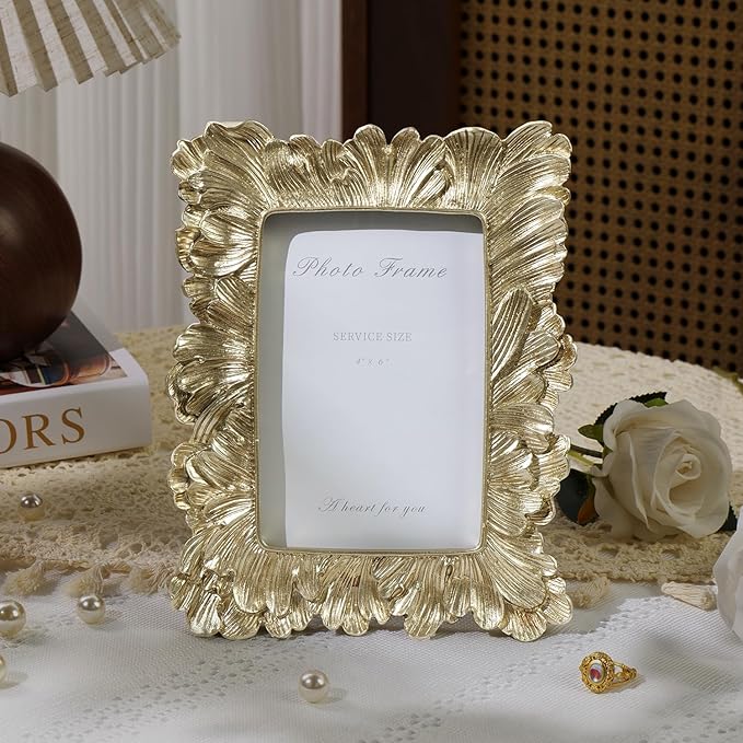 Cuspin Vintage 4x6 Picture Frame, Gold Frames Palm Leaves Textured Hand-Crafted Resin with Glass Front, Elegant Retro Photo Frame for Wall Hanging and Tabletop Display Home Decor