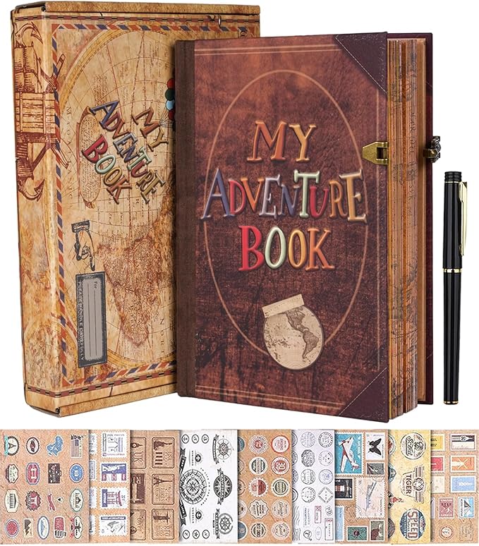 Our Adventure Book Travel Scrapbook Journal Notebook, 160Pages Scrap Book Photo Albums, Faux Leather Journaling Diaries, Scrapbooking Gifts Set With Pen and Stickers for Anniversary Wedding Office