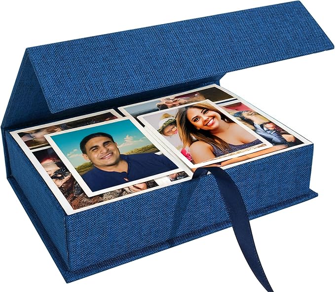 Hiwhy Photo Storage Box 8x10, Linen Photo Box, Memory Box Perfect to Store Your Photo, Pictures, Certificates, Scrapbooking Supplies, Keepsakes and Jewelry Blue