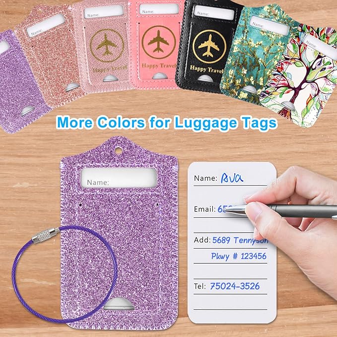 ACdream Luggage Tags 2 Pack, Leather Suitcase Tags Identifiers, Cute Cruise ID Labels with Privacy Cover fits on Backpack, Travel Bag, for Women, Men, Adults, Kids, Glitter Purple