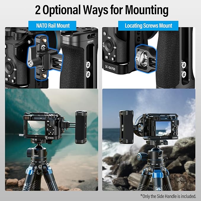 SIRUI Locating Side Handle for ARRI or NATO Mount Optional, Lightweight Camera Cage Handle Grip with Built-in Wrench, Cold Shoe, and Threaded Holes, Up and Down Adjustable, Black, AM-SHN, Pack of 1