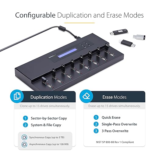 StarTech.com Standalone 1 to 15 USB Flash Drive Duplicator/Cloner/Eraser, Multiple USB Thumb Drive Copier / Sanitizer, System File / Sector-by-Sector Copy, 1.5 GB/min, 3-Pass Erase, LCD, TAA