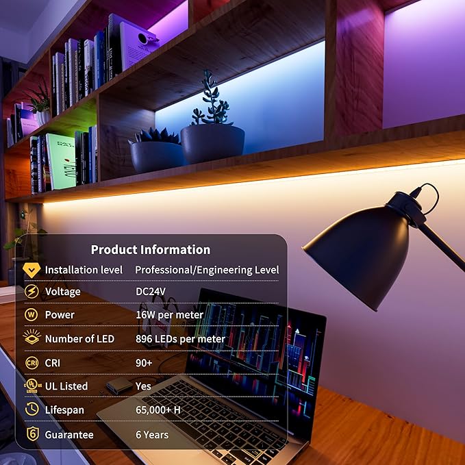 PAUTIX COB LED Strip Lights,RGBW LED Lights RGB+2700K Warm White UL Listed Dotless 24V Color Changing RGB Light for Gaming Room,Cabinets,Bedroom,Party Lighting(Power Supply & Controller Not Included)