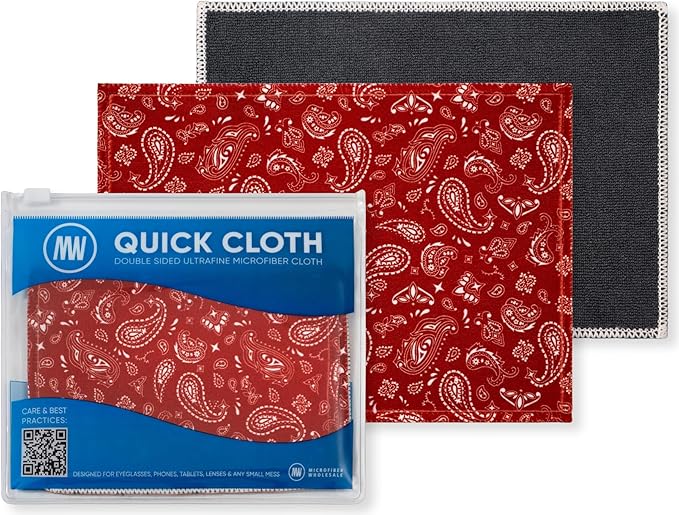 Quick Cloth Microfiber Glasses Cleaning Cloths – 8x8, Paisley Red, 1 Pack with Case | Double-Sided Lens Cleaner for Eyeglasses, Camera, Screens & Glass | Reusable Microfiber Glass Polishing Cloths