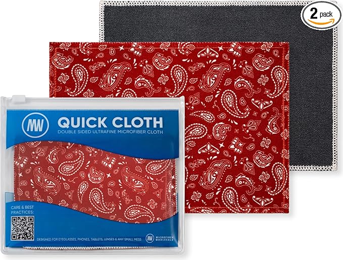 Quick Cloth Microfiber Glasses Cleaning Cloths – 5x7, Paisley Red, 2 Pack with Case | Double-Sided Lens Cleaner for Eyeglasses, Camera, Screens & Glass | Reusable Microfiber Glass Polishing Cloths