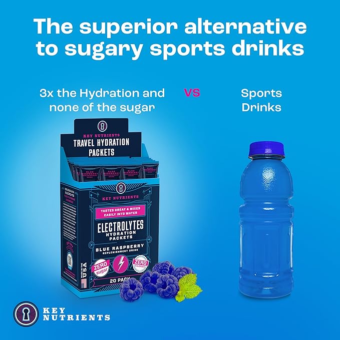 KEY NUTRIENTS Electrolytes Powder Packets 20 Pack - No Sugar, Delicious Blue Raspberry, Hydration Packets with Electrolyte Powder for Refreshing Electrolyte Drink Mix Packets - Zero Calories
