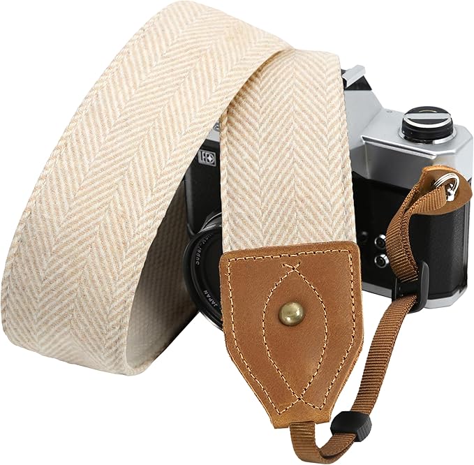Padwa Lifestyle 2" Wide Classic Crazy Horse Art Cowhide Head Camera Strap - Beige White Twill Cashmere Vintage Camera Straps for Photographers, Adjustable Shoulder & Neck Strap Fits All DSLR Cameras