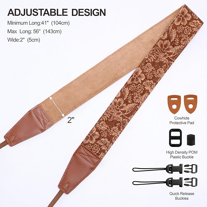 Padwa Lifestyle Cork Camera Strap - 2" Top Layer Cowhide Head Camera Straps for Photographers,Natural Log Crackle Art Print Style,Soft Chamois Velvet Padded Strap Quick Release fits All Cameras