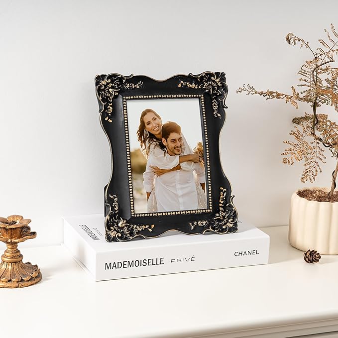 Axeman Vintage Picture Frames 5x7 | 5 x 7 Antique Picture Frame with Real Glass | Ornate 5x7 Picture Frame for Wall & Tabletop Display | Retro Black Gold 5 x 7 Photo Frame - Black