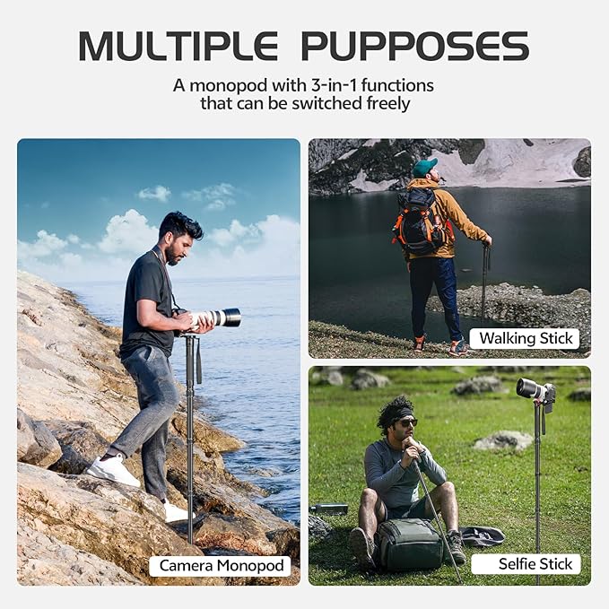 TONYBOO 61” Monopod for Camera,Φ28mm 6-Section Aluminum Camera Monopod Stand, with Wrist Strap, Rubber Grip, Twist Locks, Compatible with Photography DSLR Camera Mirrorless, Max Load 40 lbs - TA-5L