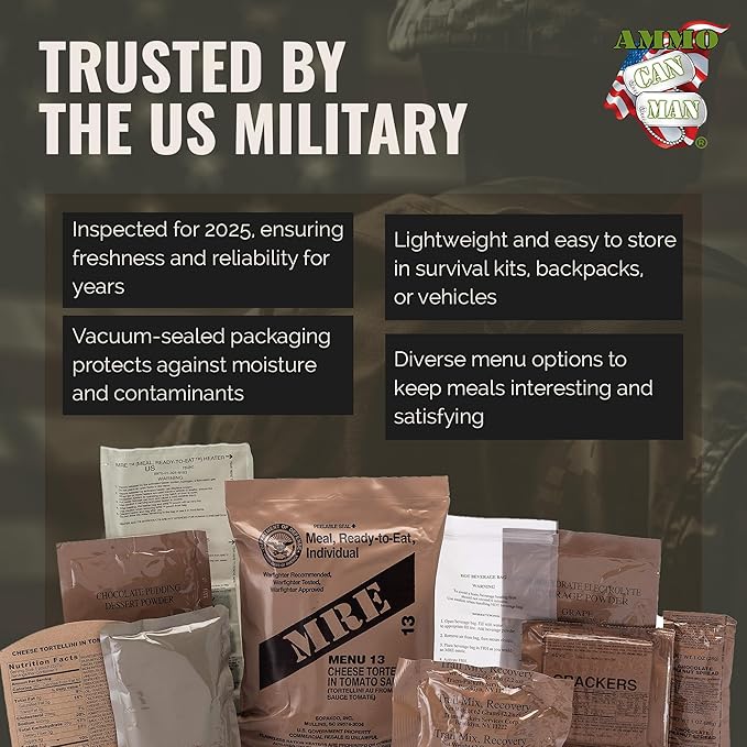 U.S. Meals Ready to Eat (Variety Pack of 12) – (A or B Case Selected at Random) Nutritional Emergency Food Rations - Freeze Dried Food w/ Flameless Heater, Entree, Dessert, & More - MRE Kit for Emergency Survival, Hunting, & More