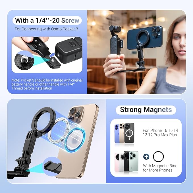 JJC Pocket 3 Magnetic Phone Mount with 1/4" 20 Screw & Thread, Phone Holder for Insta360 X5 X4 X3 / Pocket 3 / Xtra Muse Accessories, Compatible with Arca-Swiss Standard, Tripod & Expansion Mount