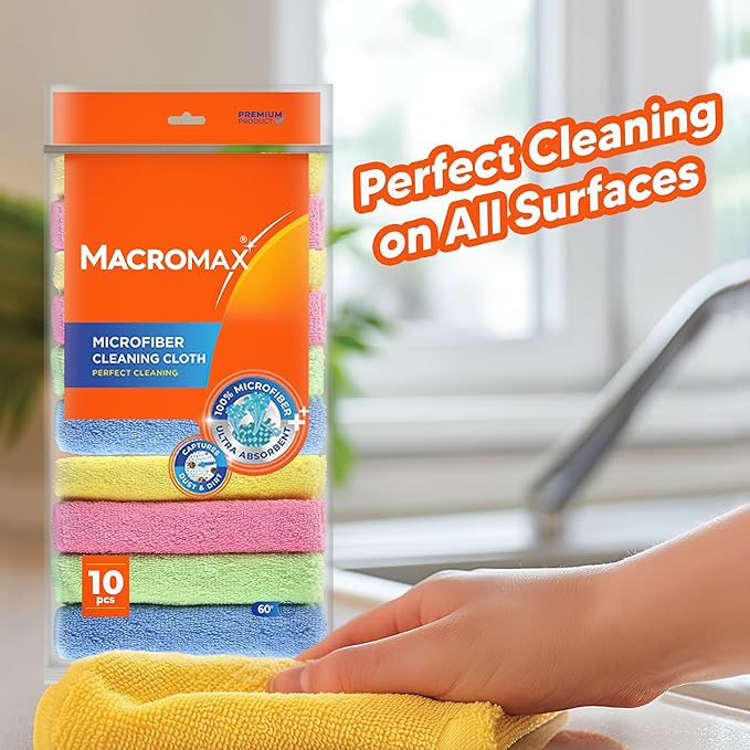 Microfiber Cleaning Cloth – Pack of 10 – Ultra Absorbent Lint‑Free Reusable Towels for Kitchen, Glass, Counters, Furniture – Soft Non‑Scratch Microfiber