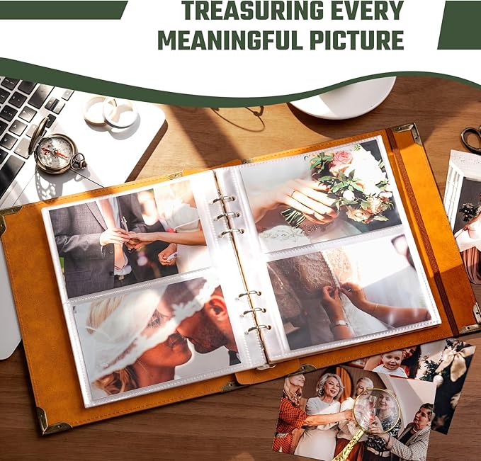 Vintage Photo Album 4x6 Leather Scrapbook Album with Writing Space 120 Photos & 30 Sheets DIY Paper Memory Albums Book for Anniversary Travel Vacation Family Tree, Brown