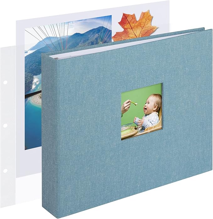 1DOT2 8x8 DIY Small 3 Ring Scrapbook Photo Album Journal with 30 Plastic Sleeves 60 Pages and Fabric Cover for Baby Travel Wedding Couple Anniversary Kids Adventure (Cyan Blue Cover/White Pages)