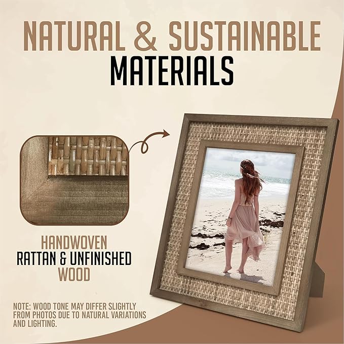 Rattan Picture Frame for 8x10 Photos – Natural Fir Wood with Woven Rattan Mat, Boho Coastal Decorative Frame, Vertical/Horizontal Display, Tabletop or Wall Mount (12.5" x 14.5" Outer Size)