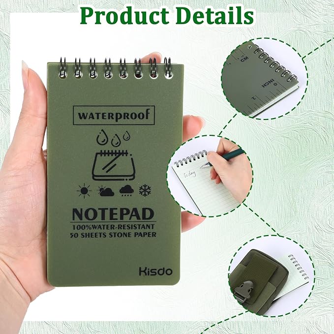 6 Pcs Waterproof Notebook Set, Write in The Rain Notebook, All Weather Notebook, Police Notepad, Field Notes Notebooks, 3 × 5" Pocket Notebook with Pen and Cover for Outdoor Activities Recording Green
