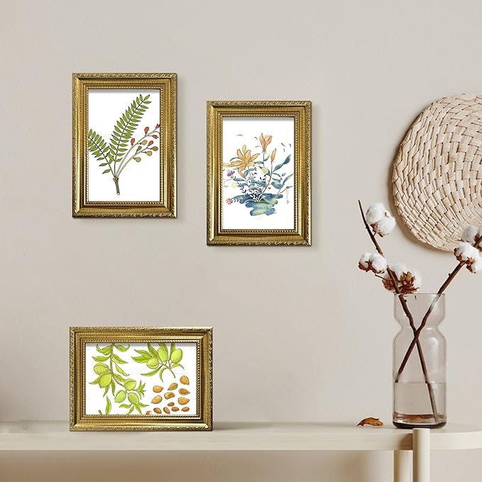 BESCRCL 4x6 Picture Frame Gold with Real Glass, Ornate Vintage 4 x 6 Photo Frames for Wall and Tabletop Display, Set of 4